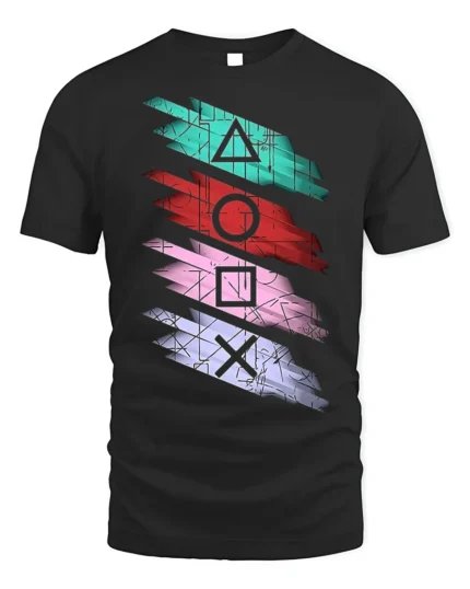 Retro Gamer Symbol Striped Art T-shirt - black t-shirt on white background