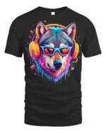 Neon Cool Wolf with Headphones T-shirt - black t-shirt on white background