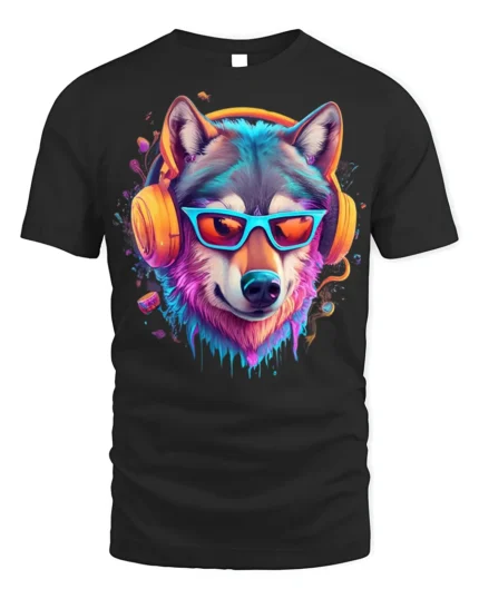 Neon Cool Wolf with Headphones T-shirt - black t-shirt on white background