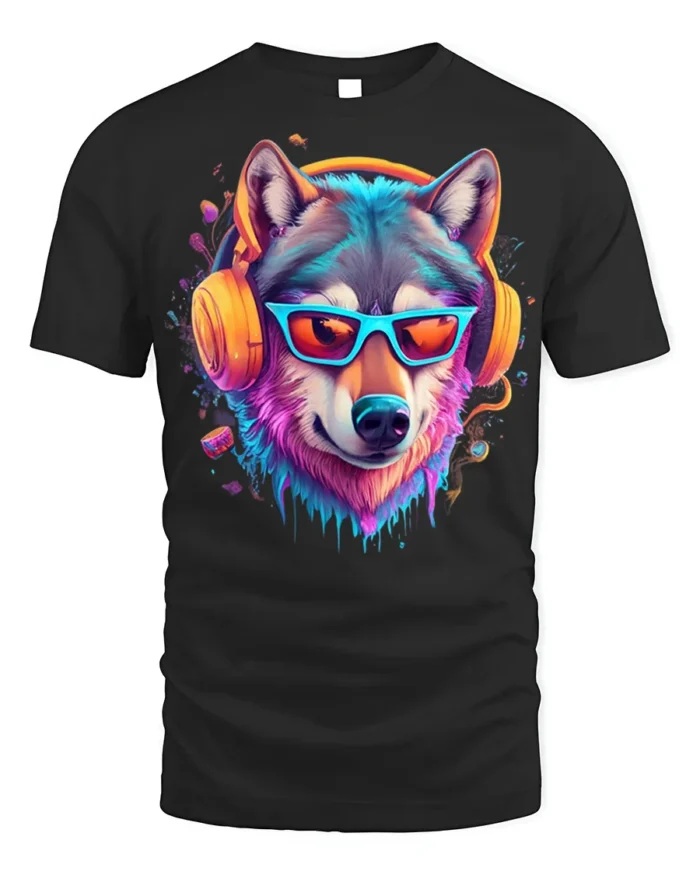 Neon Cool Wolf with Headphones T-shirt - black t-shirt on white background