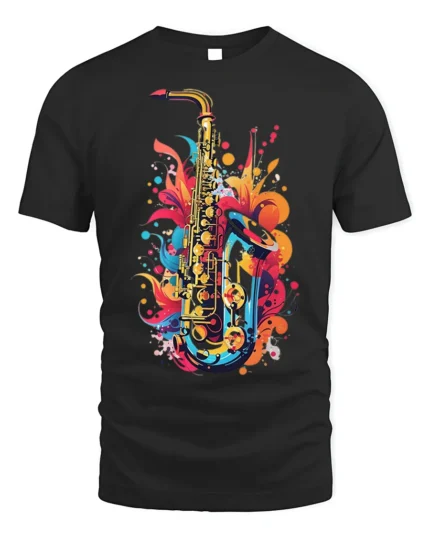 Colorful Jazz Saxophone Art T-shirt - black t-shirt on white background