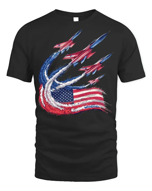 Patriotic Fighter Jet Flag Trail T-shirt - black t-shirt on white background