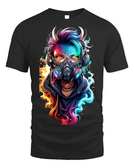 Cyber Demon Mask Neon Flame Art T-shirt - black t-shirt on white background