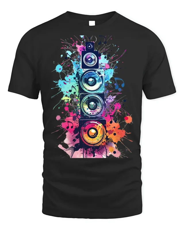 Colorful Sound Speaker Music Art T-shirt - black t-shirt on white background