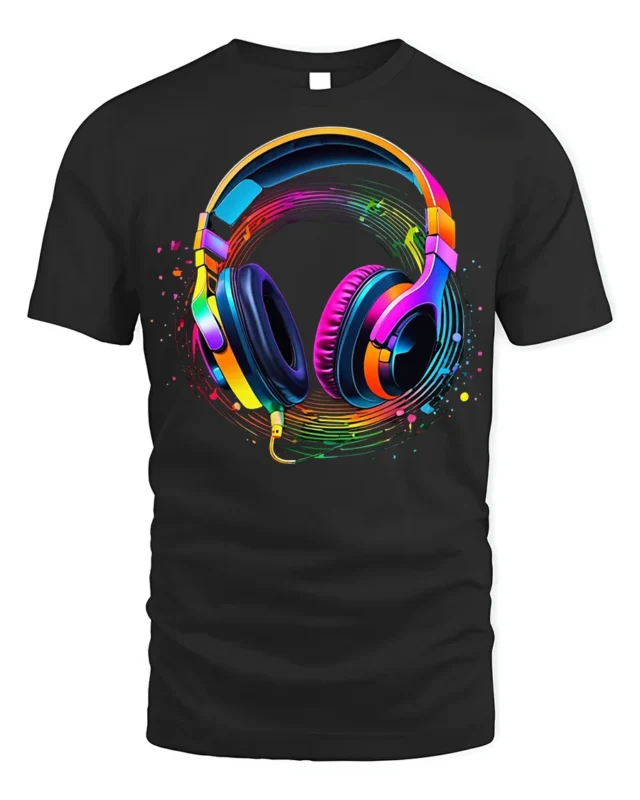 Colorful Headphones Music Wave T-shirt - black t-shirt on white background
