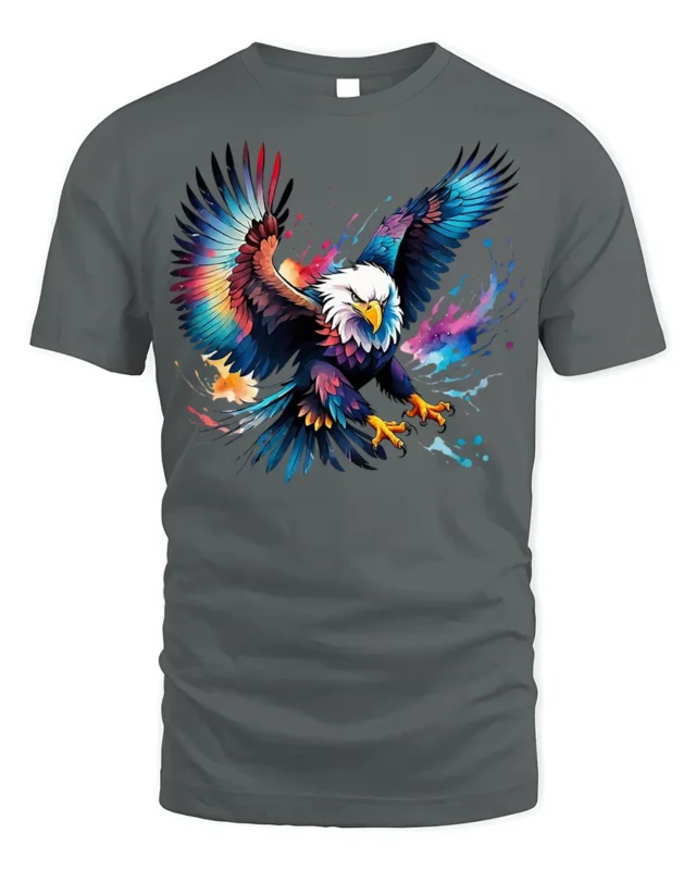 Colorful Bald Eagle Splash Art T-shirt - gray t-shirt on white background