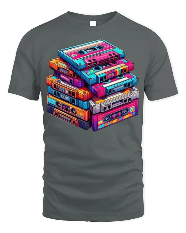 Retro Cassette Tape Stack Art T-shirt - gray t-shirt on white background