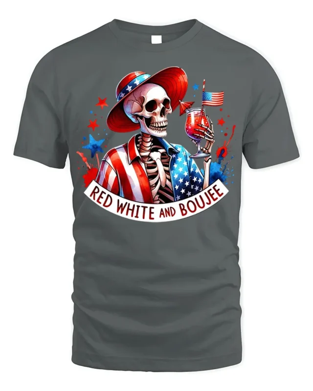 Red White Boujee Skeleton Party T-shirt - gray t-shirt on white background