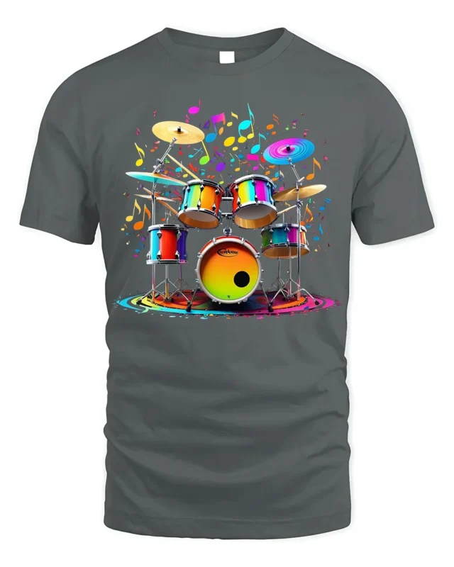 Colorful Drum Set Music Splash T-shirt - gray t-shirt on white background
