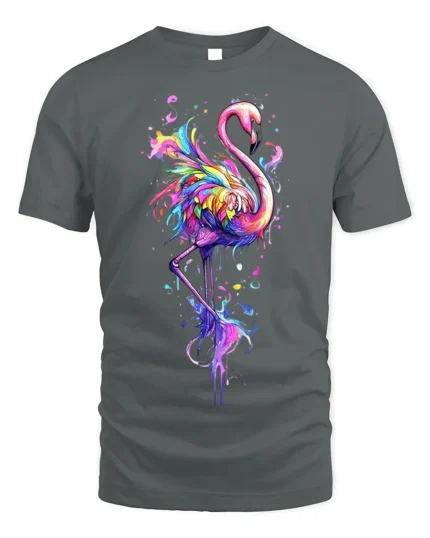 Colorful Flamingo Splash Art T-shirt - gray t-shirt on white background