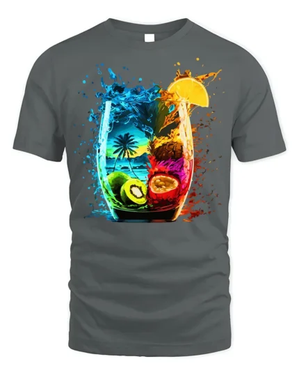 Tropical Fruit Splash Cocktail Art T-shirt - gray t-shirt on white background