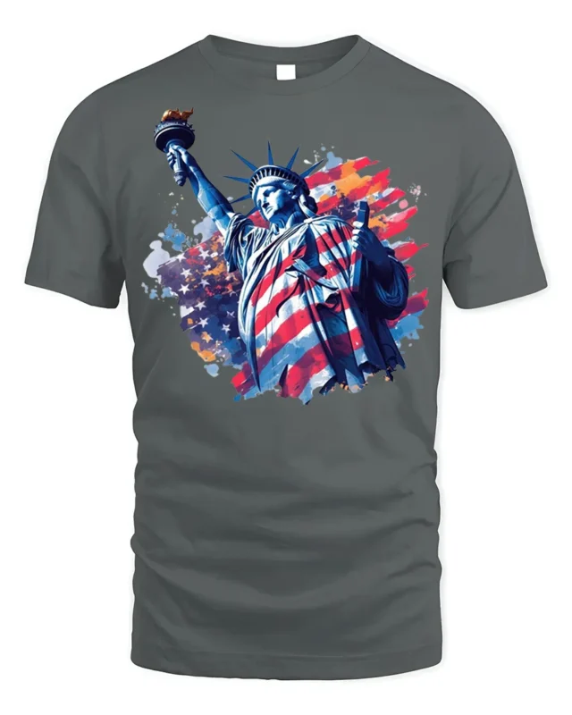 Statue of Liberty American Flag T-shirt - gray t-shirt on white background