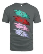Retro Gamer Symbol Striped Art T-shirt - gray t-shirt on white background