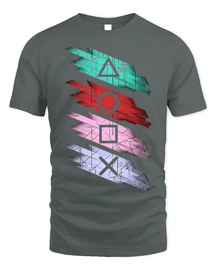 Retro Gamer Symbol Striped Art T-shirt - gray t-shirt on white background