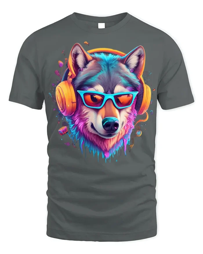 Neon Cool Wolf with Headphones T-shirt - gray t-shirt on white background