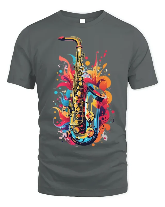 Colorful Jazz Saxophone Art T-shirt - gray t-shirt on white background