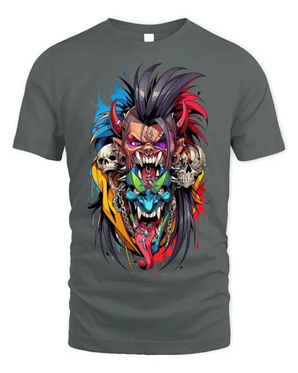 Psycho Demon Skull Fusion Art T-shirt - gray t-shirt on white background