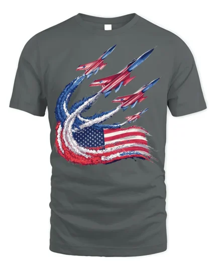 Patriotic Fighter Jet Flag Trail T-shirt - gray t-shirt on white background