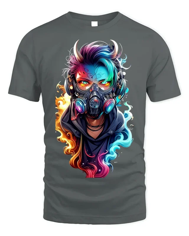 Cyber Demon Mask Neon Flame Art T-shirt - gray t-shirt on white background