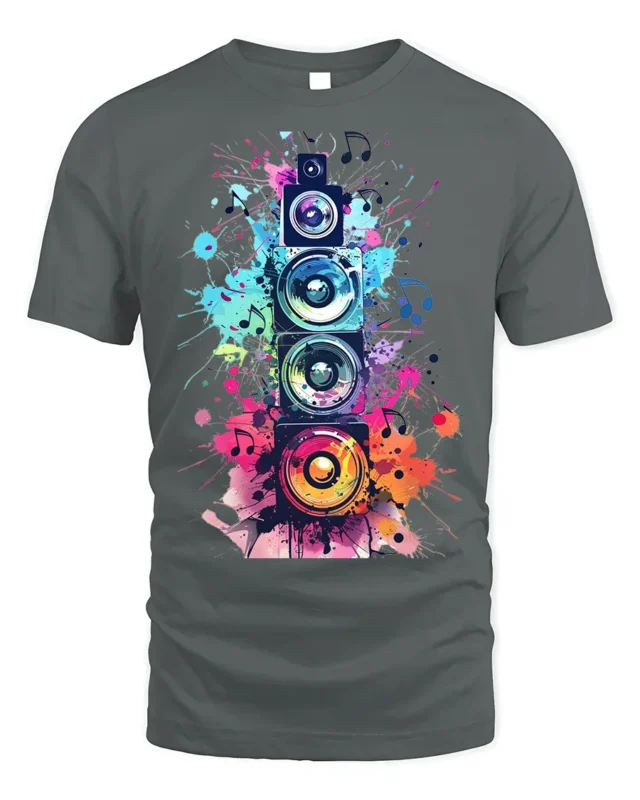 Colorful Sound Speaker Music Art T-shirt - gray t-shirt on white background