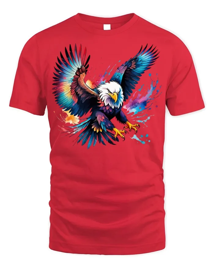 Colorful Bald Eagle Splash Art T-shirt - red t-shirt on white background