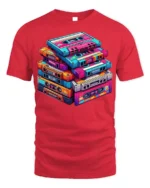 Retro Cassette Tape Stack Art T-shirt - red t-shirt on white background
