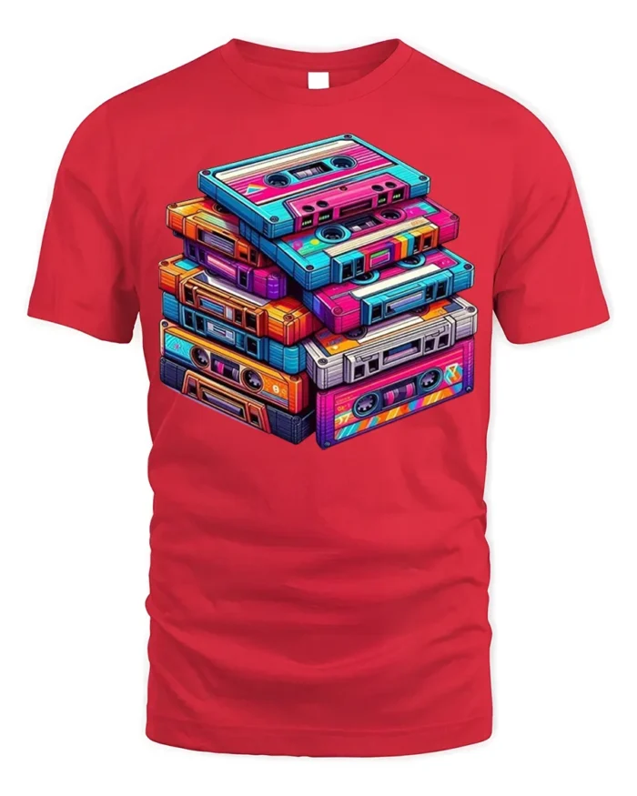 Retro Cassette Tape Stack Art T-shirt - red t-shirt on white background