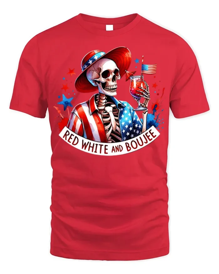 Red White Boujee Skeleton Party T-shirt - red t-shirt on white background