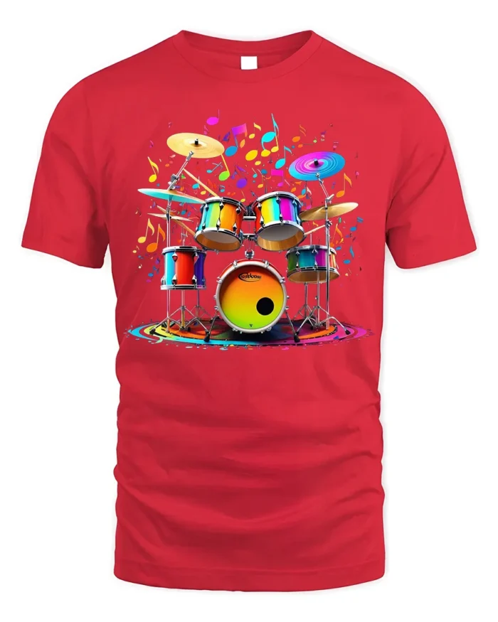 Colorful Drum Set Music Splash T-shirt - red t-shirt on white background