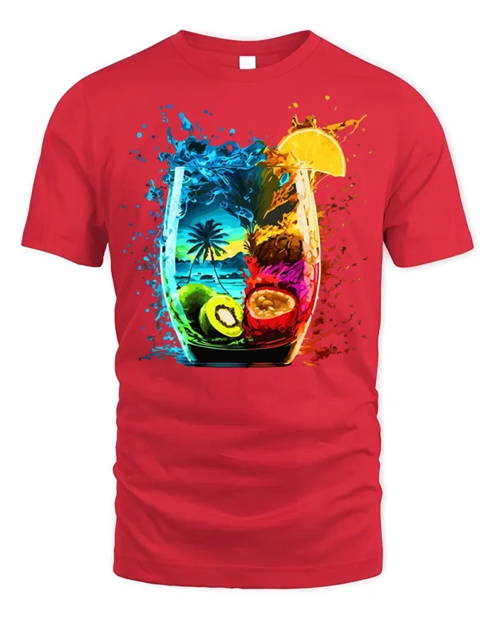 Tropical Fruit Splash Cocktail Art T-shirt - red t-shirt on white background