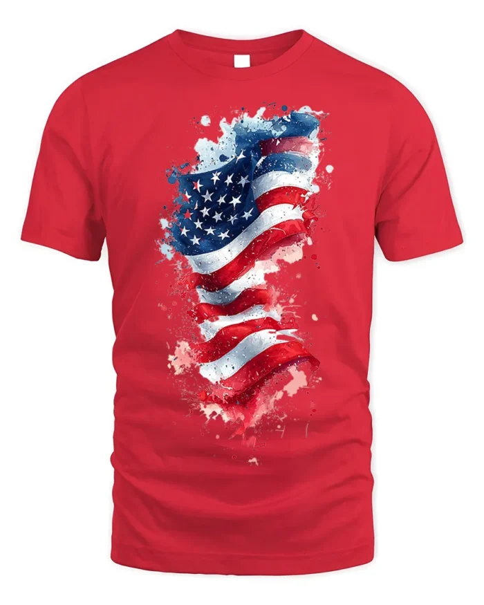 American Flag Watercolor Splash T-shirt - red t-shirt on white background
