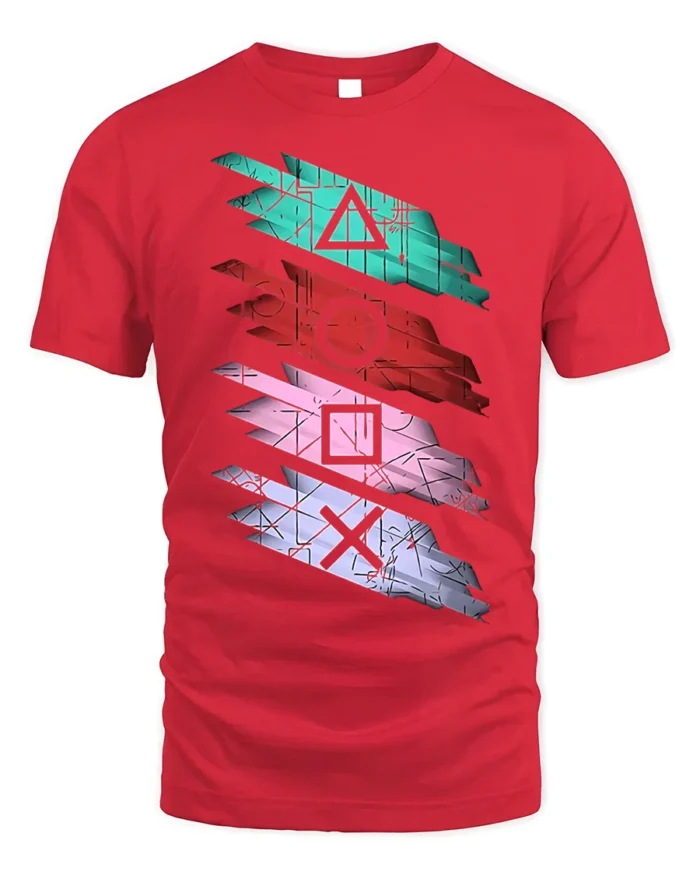 Retro Gamer Symbol Striped Art T-shirt - red t-shirt on white background
