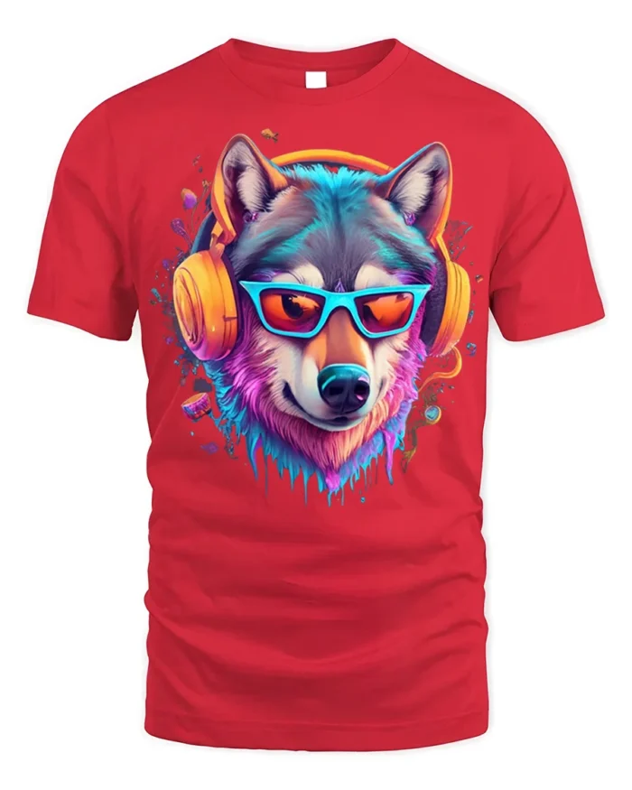 Neon Cool Wolf with Headphones T-shirt - red t-shirt on white background