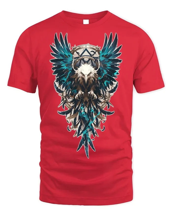 Tribal Warrior Eagle Crest Art T-shirt - red t-shirt on white background
