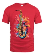 Colorful Jazz Saxophone Art T-shirt - red t-shirt on white background
