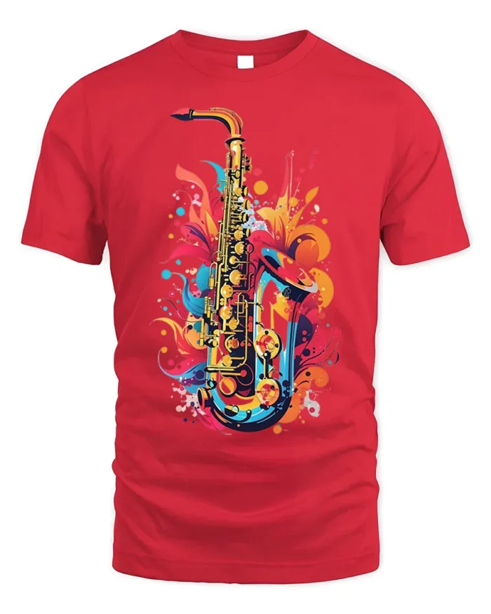 Colorful Jazz Saxophone Art T-shirt - red t-shirt on white background