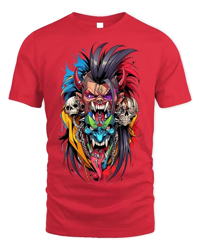 Psycho Demon Skull Fusion Art T-shirt - red t-shirt on white background