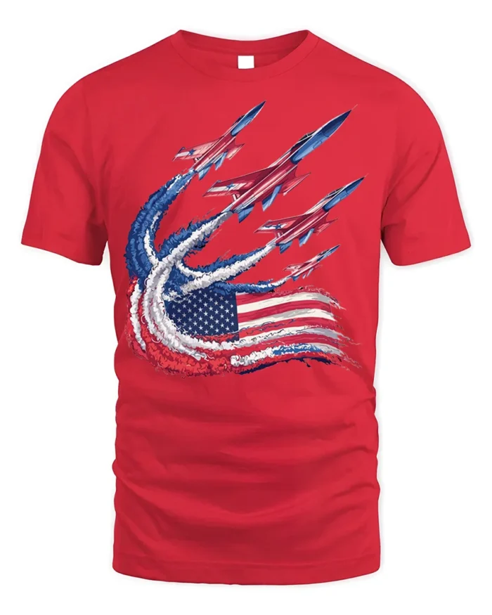 Patriotic Fighter Jet Flag Trail T-shirt - red t-shirt on white background
