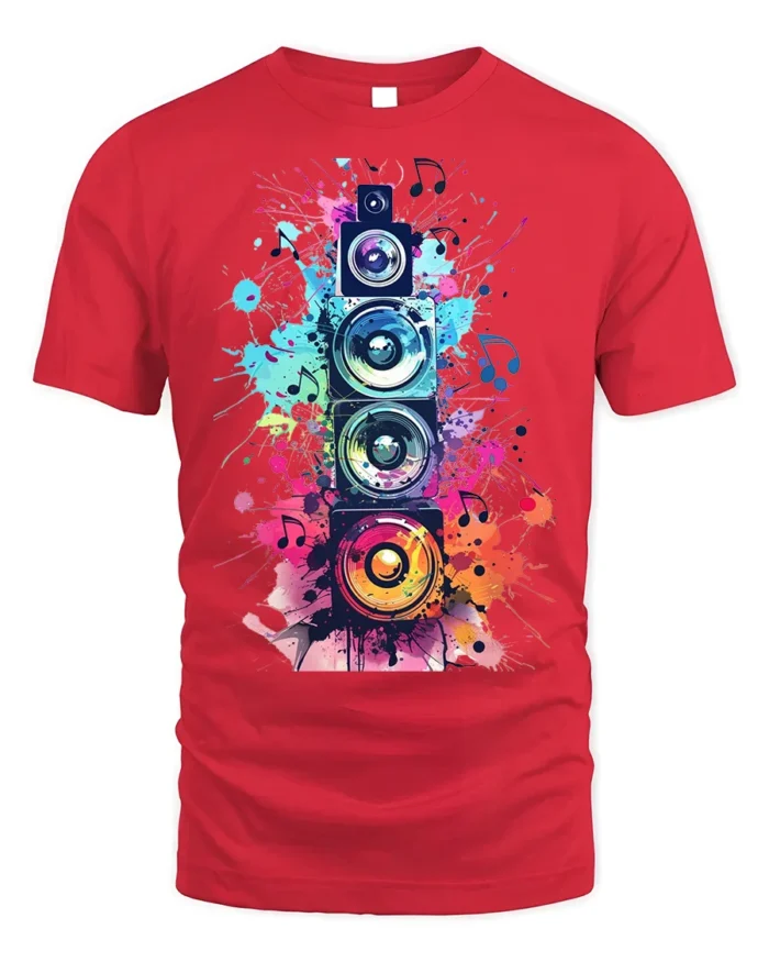 Colorful Sound Speaker Music Art T-shirt - red t-shirt on white background