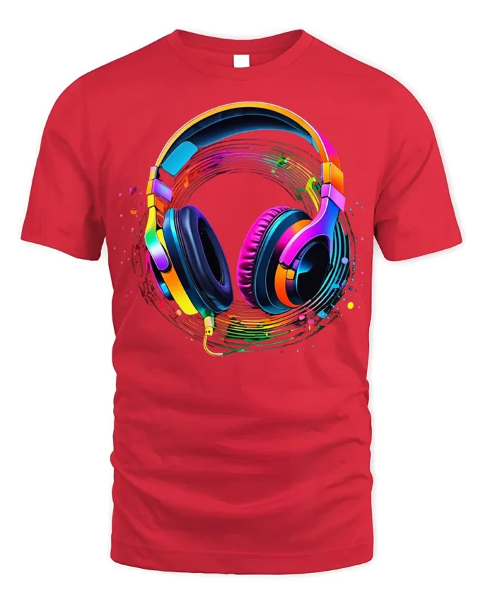 Colorful Headphones Music Wave T-shirt - red t-shirt on white background