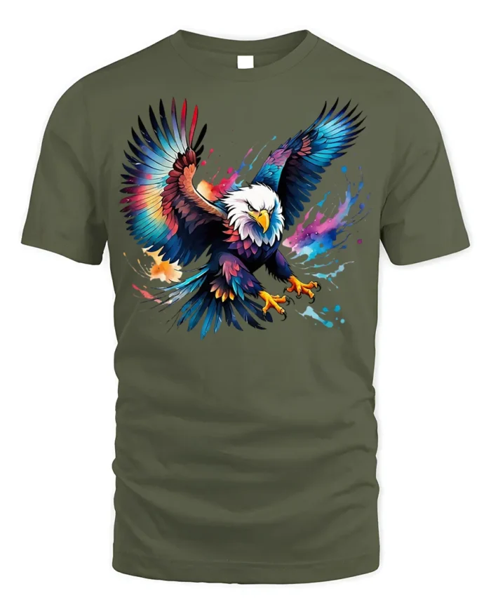 Colorful Bald Eagle Splash Art T-shirt - military green t-shirt on white background