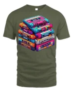 Retro Cassette Tape Stack Art T-shirt - military green t-shirt on white background