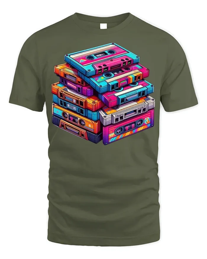 Retro Cassette Tape Stack Art T-shirt - military green t-shirt on white background