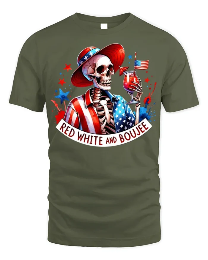Red White Boujee Skeleton Party T-shirt - military green t-shirt on white background