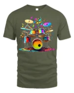 Colorful Drum Set Music Splash T-shirt - military green t-shirt on white background