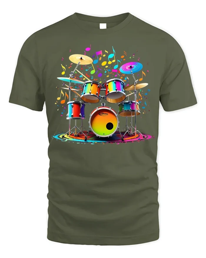 Colorful Drum Set Music Splash T-shirt - military green t-shirt on white background