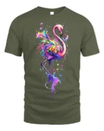 Colorful Flamingo Splash Art T-shirt - military green t-shirt on white background