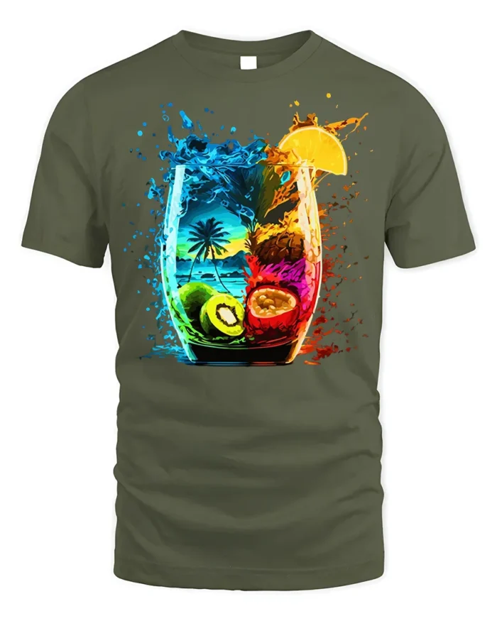 Tropical Fruit Splash Cocktail Art T-shirt - military green t-shirt on white background