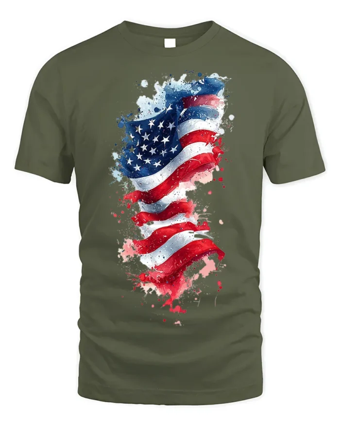 American Flag Watercolor Splash T-shirt - military green t-shirt on white background