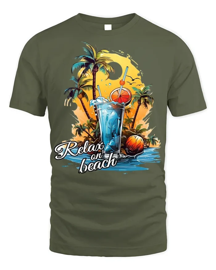 Tropical Beach Relaxation Sunset T-shirt - military green t-shirt on white background